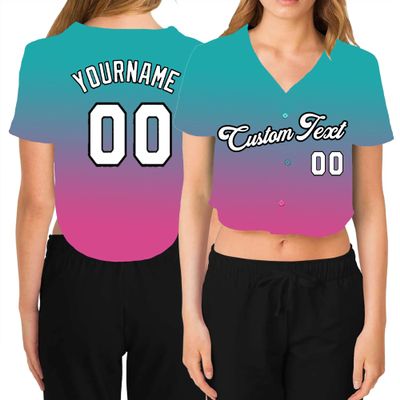 Custom Women's Grandien Cropped Baseball Jersey,Personalized Crop Top Button Down T-Shirts Short Sleeve V-Neck Jersey