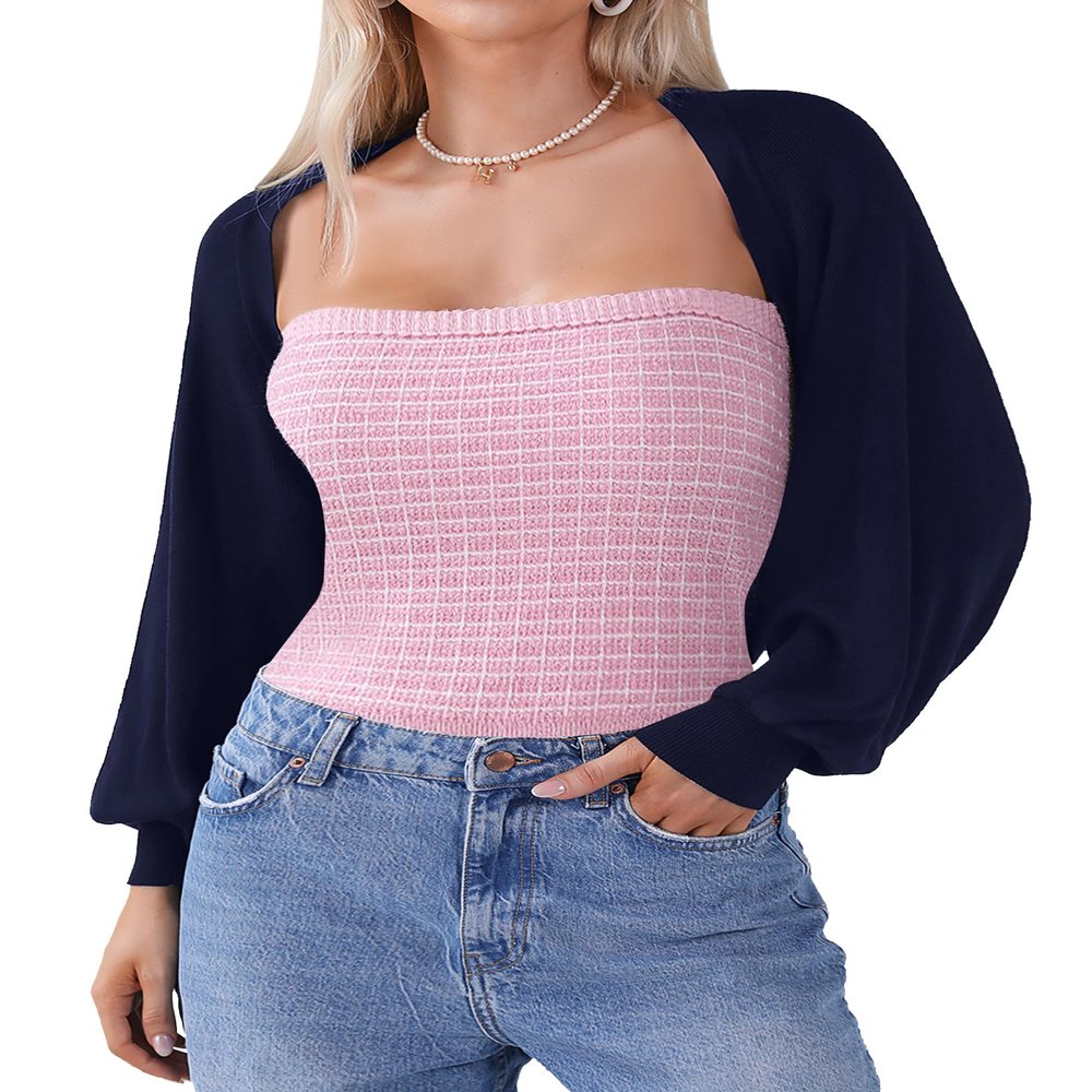 Totatuit Women's Long Sleeve Crochet Bolero Shrug Open Front Knitted Cropped Cardigan with Back Slit Navy Blue