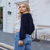 Totatuit Women's Long Sleeve Crochet Bolero Shrug Open Front Knitted Cropped Cardigan with Back Slit Navy Blue view 4