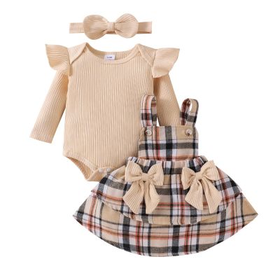 9 Month Girl Clothes Fall Outfits Long Sleeve Cute Ruffled Romper Plaid Skirt Baby Girl Outfits Bow For Girls Headband Set for Winter Spring Outfits 3 Pcs Apricot 6-9 Months