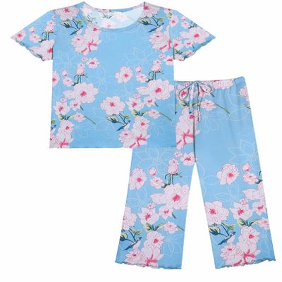 Ekouaer Women's Pajamas Set Short Sleeve Sleepwear 2 Piece Round Neck Top Capri Pants Loungewear with Pockets Blue/White Flower L