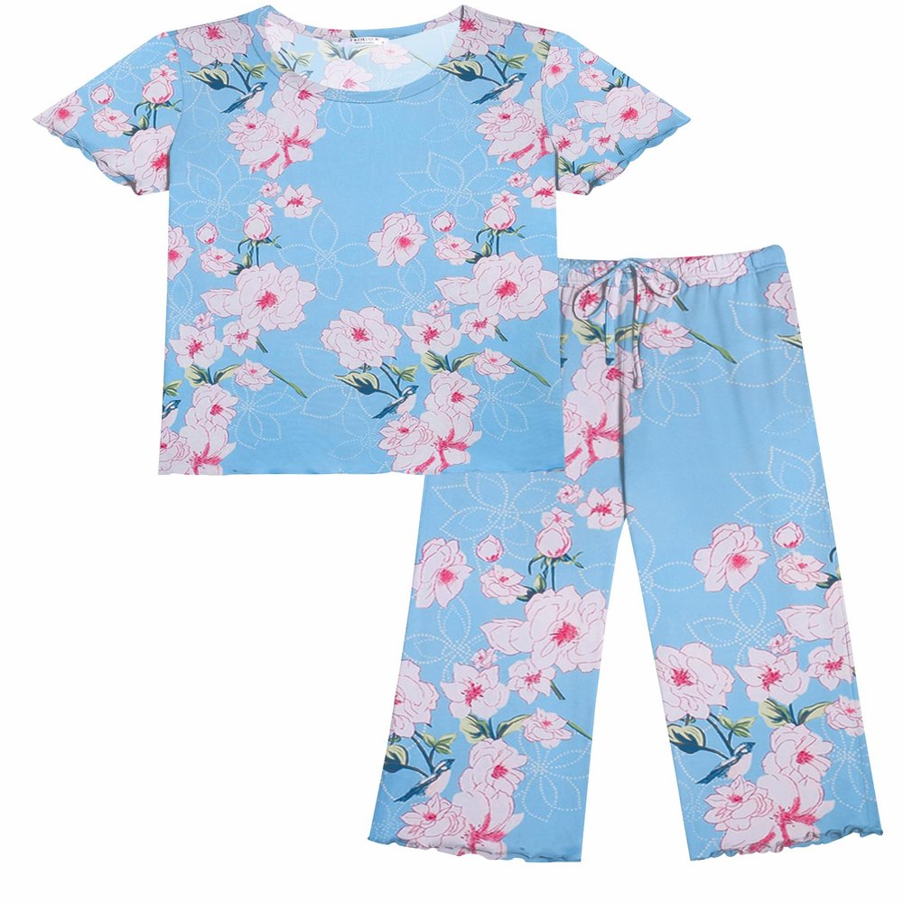 Ekouaer Women's Pajamas Set Short Sleeve Sleepwear 2 Piece Round Neck Top Capri Pants Loungewear with Pockets Blue/White Flower L