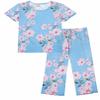 Ekouaer Women's Pajamas Set Short Sleeve Sleepwear 2 Piece Round Neck Top Capri Pants Loungewear with Pockets Blue/White Flower L view 1