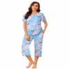 Ekouaer Women's Pajamas Set Short Sleeve Sleepwear 2 Piece Round Neck Top Capri Pants Loungewear with Pockets Blue/White Flower L view 2