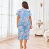 Ekouaer Women's Pajamas Set Short Sleeve Sleepwear 2 Piece Round Neck Top Capri Pants Loungewear with Pockets Blue/White Flower L view 3