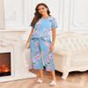 Ekouaer Women's Pajamas Set Short Sleeve Sleepwear 2 Piece Round Neck Top Capri Pants Loungewear with Pockets Blue/White Flower L view 4