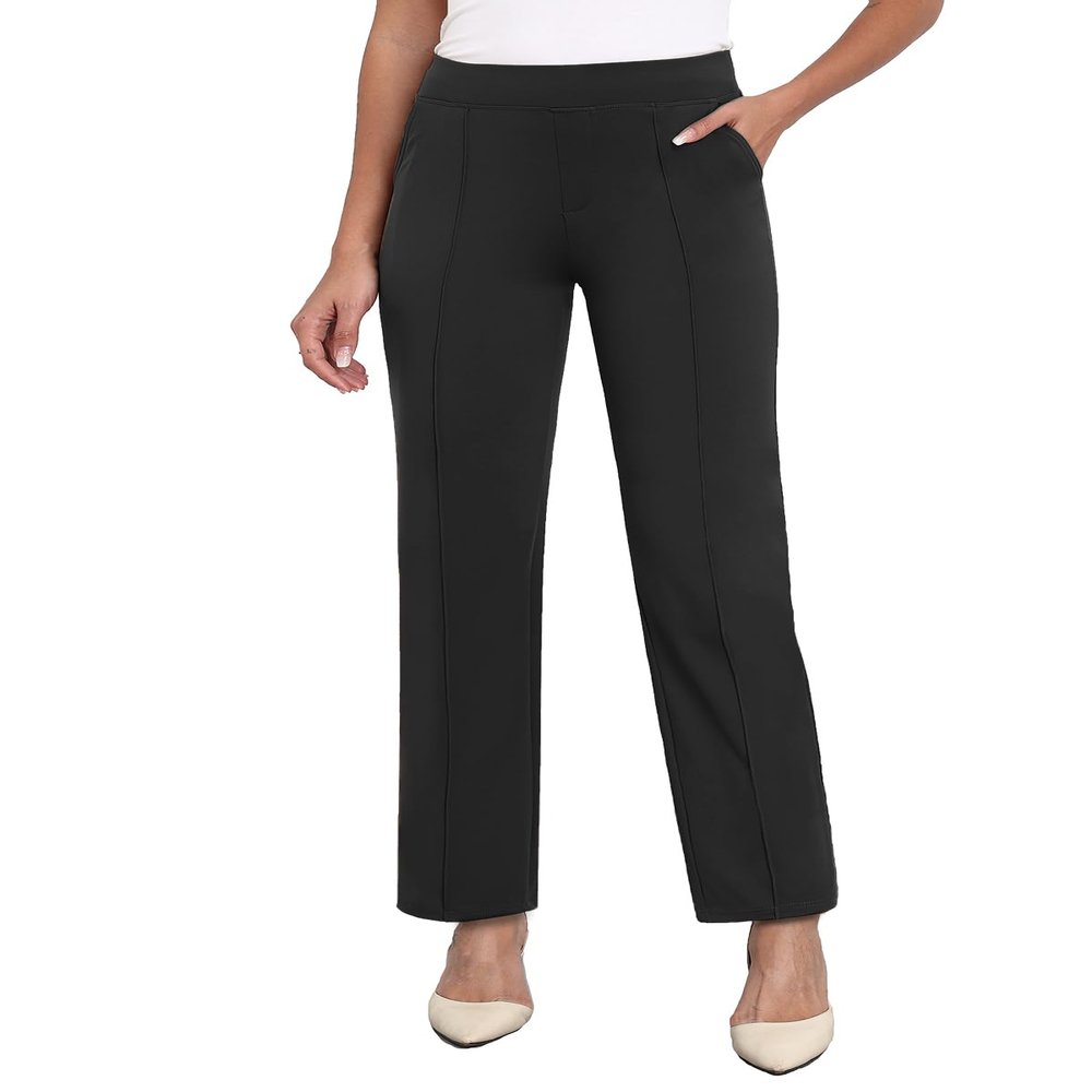 Agenlulu Stretchy Dress Pants for Women Summer High Rise Straight Leg Pants Business Work Slacks, 28" Inseam Petite Black