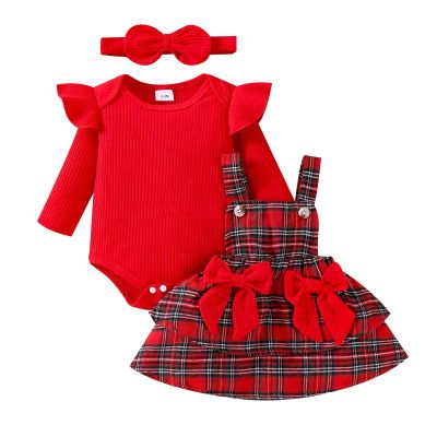 Baby Girl Fall Clothes 9-12 Months Fall Baby Girl Outfits Christmas Baby Girl Outfit Long Sleeve Ruffle Cute Romper Plaid Dress Infant Suspender Skirt Bow Headband 3 Pcs Set Red 9-12 Months