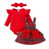Baby Girl Fall Clothes 9-12 Months Fall Baby Girl Outfits Christmas Baby Girl Outfit Long Sleeve Ruffle Cute Romper Plaid Dress Infant Suspender Skirt Bow Headband 3 Pcs Set Red 9-12 Months view 1