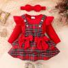 Baby Girl Fall Clothes 9-12 Months Fall Baby Girl Outfits Christmas Baby Girl Outfit Long Sleeve Ruffle Cute Romper Plaid Dress Infant Suspender Skirt Bow Headband 3 Pcs Set Red 9-12 Months view 2
