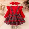 Baby Girl Fall Clothes 9-12 Months Fall Baby Girl Outfits Christmas Baby Girl Outfit Long Sleeve Ruffle Cute Romper Plaid Dress Infant Suspender Skirt Bow Headband 3 Pcs Set Red 9-12 Months view 3