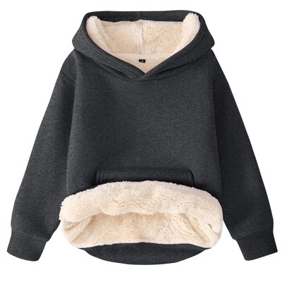 Flygo Unisex Boys Girls Fleece Lined Sherpa Hoodie Kids Warm Winter Hoodies Pullover Hooded Sweatshirt(DarkGrey-S)
