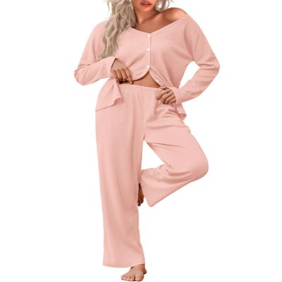 Ekouaer Womens Waffle Knit Pajamas Long Sleeve Lounge Set Button-Down Pjs Loungewear with Pockets Light Pink XXL