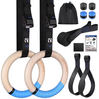 RENRANRING Gymnastics Rings Wooden Gym Rings 1.25'' Training Rings with 16.73ft Adjustable Numbered Straps, Olympic Rings for Home Gym, Workout, Exercise, Calisthenics, Pull Up
