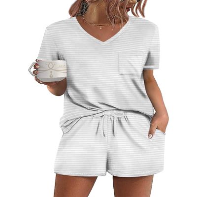 Ekouaer Women's Pajamas Sets Short Sleeve Lounge Sets Sleepwear Casual Two Piece Pjs With Pockets Stripe XL