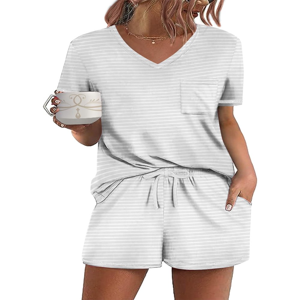 Ekouaer Women's Pajamas Sets Short Sleeve Lounge Sets Sleepwear Casual Two Piece Pjs With Pockets Stripe XL