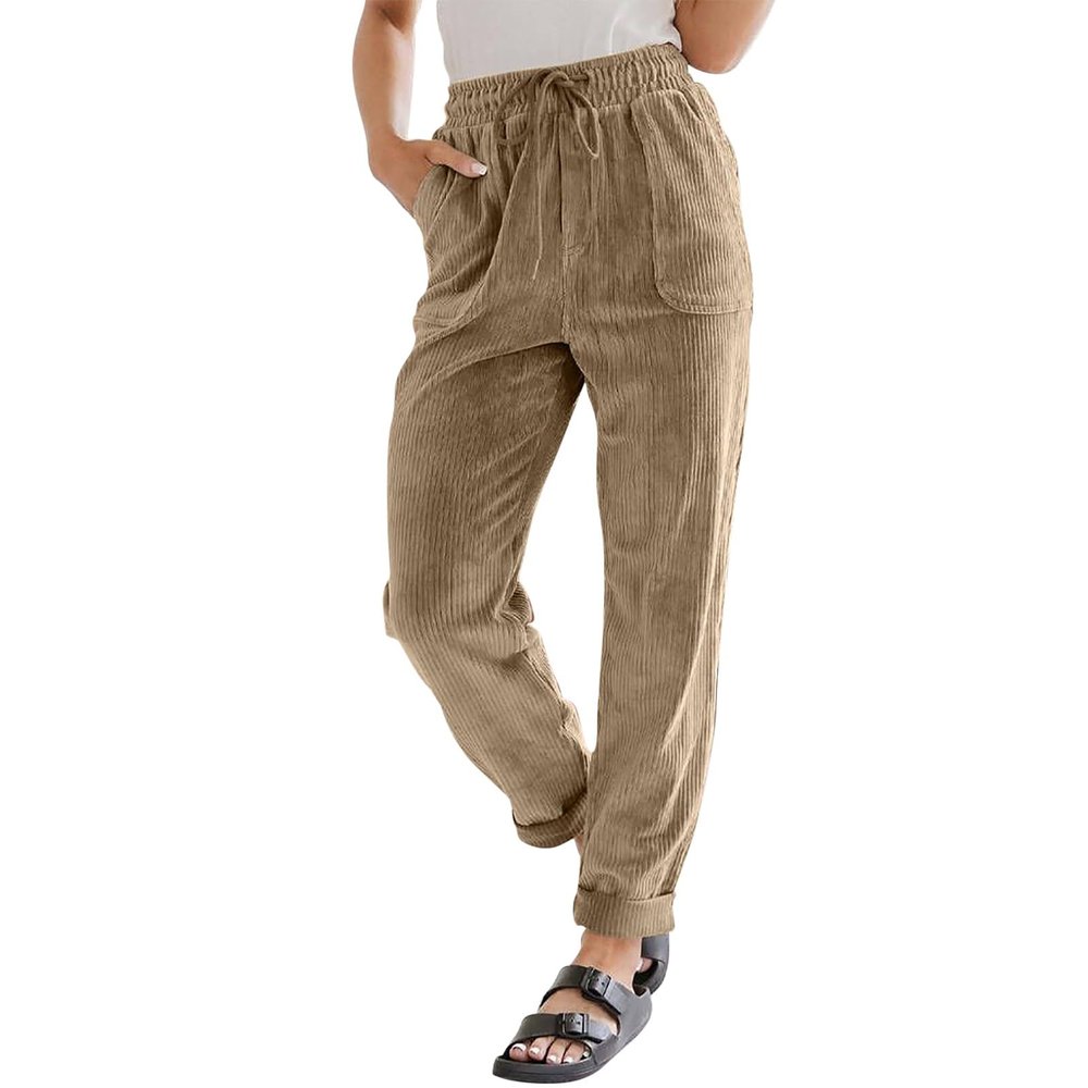 Corduroy Pants Women Casual Loose Elastic High Waisted Straight Leg Trousers Soft Comfy Lounge Drawstring Joggers with Pockets High Waist Womens Corduroy Pants Business Casual Work Pants Fall Fashion