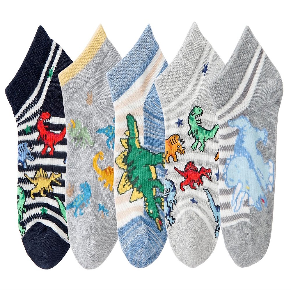 CHUNG Boys Cotton Ankle Socks 5/10 Pack Low Cut Dinosaur Mesh 2-9Y Light Weight Back School Running Sports Casual (2-4Y, 5pk Dino D)