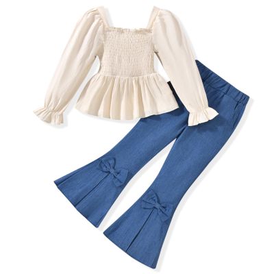 HINTINA 5T Toddler Little Girl Clothes Long Sleeve Beige Shirt Smocked Square Neck Top Denim Jeans Flare Pant 6T 2 Piece Bell Bottom Outfits Fall Winter Clothing Set 5-6 Years