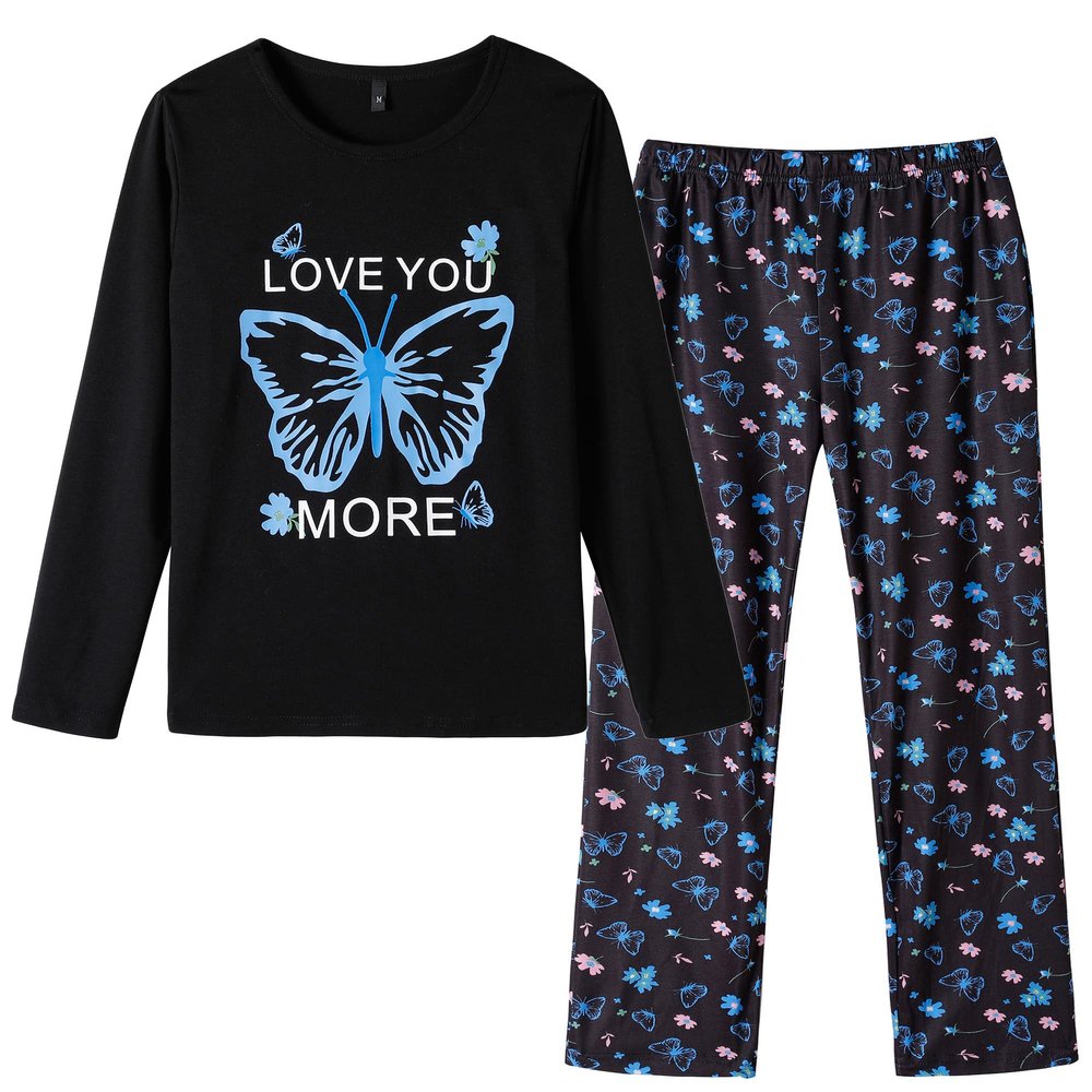 Vopmocld Big Girls Pajama Sets Long Sleeve Funny Butterfly Flowers Sleepwear 2 Piece PJS Elegant, Blue/Butterfly, 12