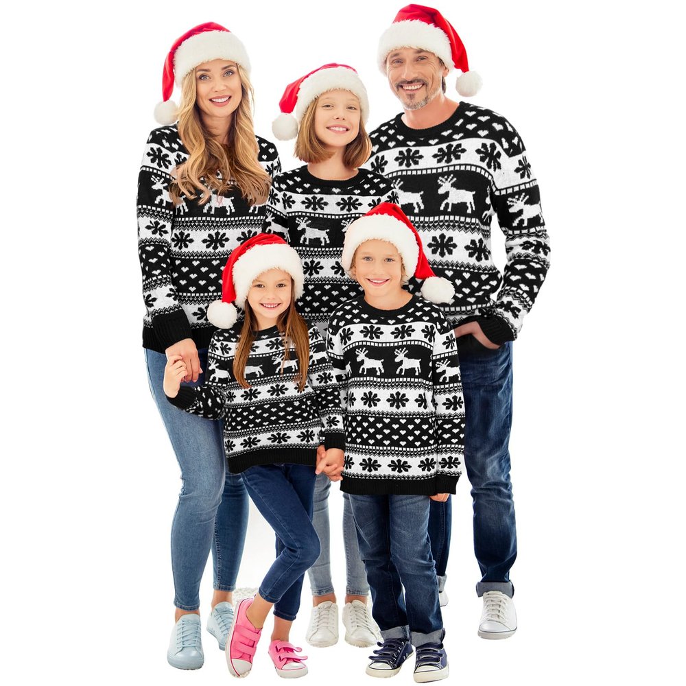 Xaatren Ugly Christmas Matching Family Sweater Xmas Knit Outfit with Hat Pullover Sweaters Classic Traditional Holiday Jumper(Men,Small,Black Snowflake)