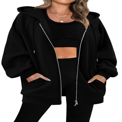 StunShow Womens Hoodies Black Zip Up Hoodie Women Y2k Oversized Casual Sweatshirts for Teen Girls 2024 Fall Jacket With Pocket Black L