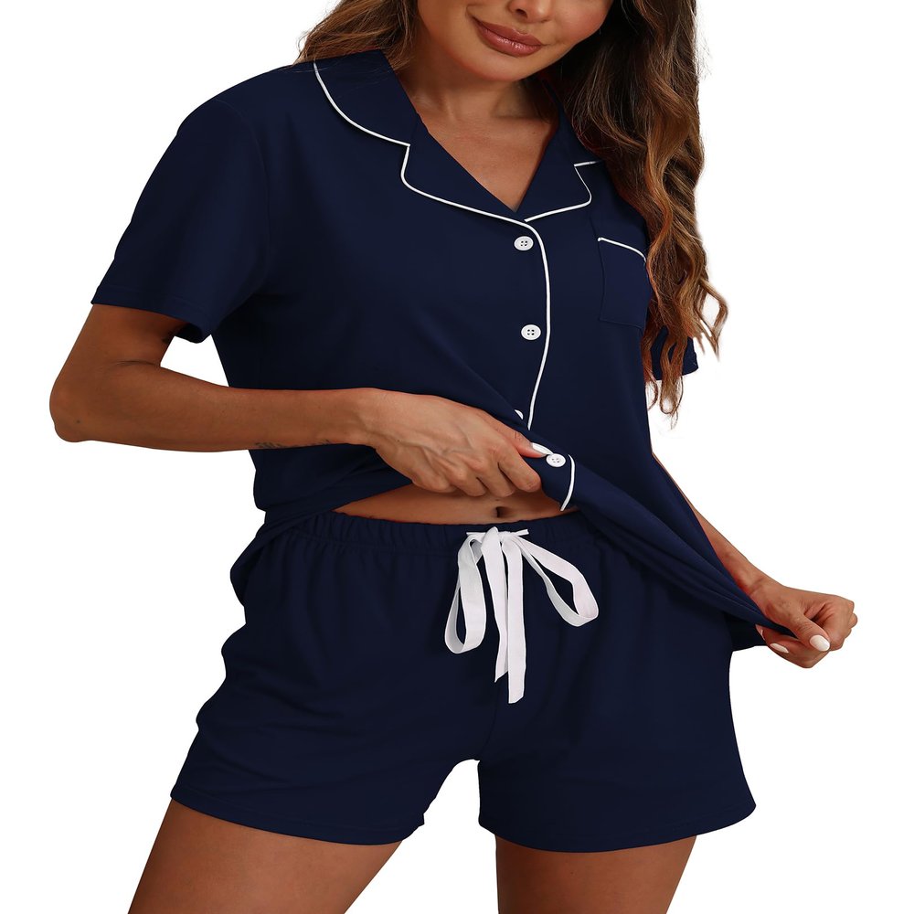 ZMJ pijamas de mujer 2 Piece Sets for Women Summer Pajamas Lounge Short Sleeve Top and Shorts Pj Set Navy Blue, L