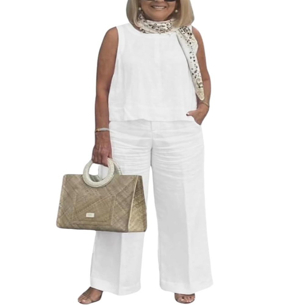 Linen Set for Women Two Piece Outfits for Women Dressy Casual Palazzo Pants Sets for Women