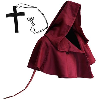 Halloween Grim Cowl Cloak with Cross Necklace Medieval Priest Monk Hood Cowl Hat Renaissance Pagan Robe Costume Hooded Poncho Deep Red