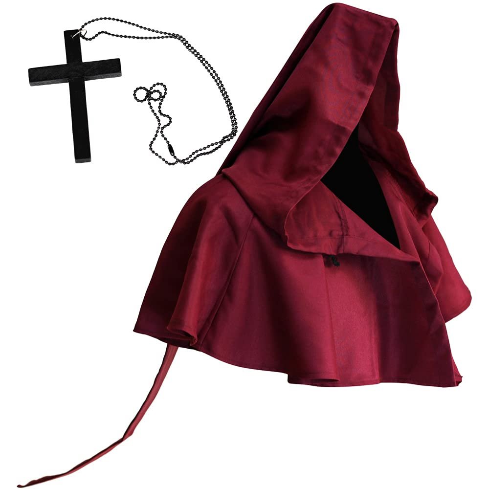 Halloween Grim Cowl Cloak with Cross Necklace Medieval Priest Monk Hood Cowl Hat Renaissance Pagan Robe Costume Hooded Poncho Deep Red