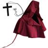 Halloween Grim Cowl Cloak with Cross Necklace Medieval Priest Monk Hood Cowl Hat Renaissance Pagan Robe Costume Hooded Poncho Deep Red view 1