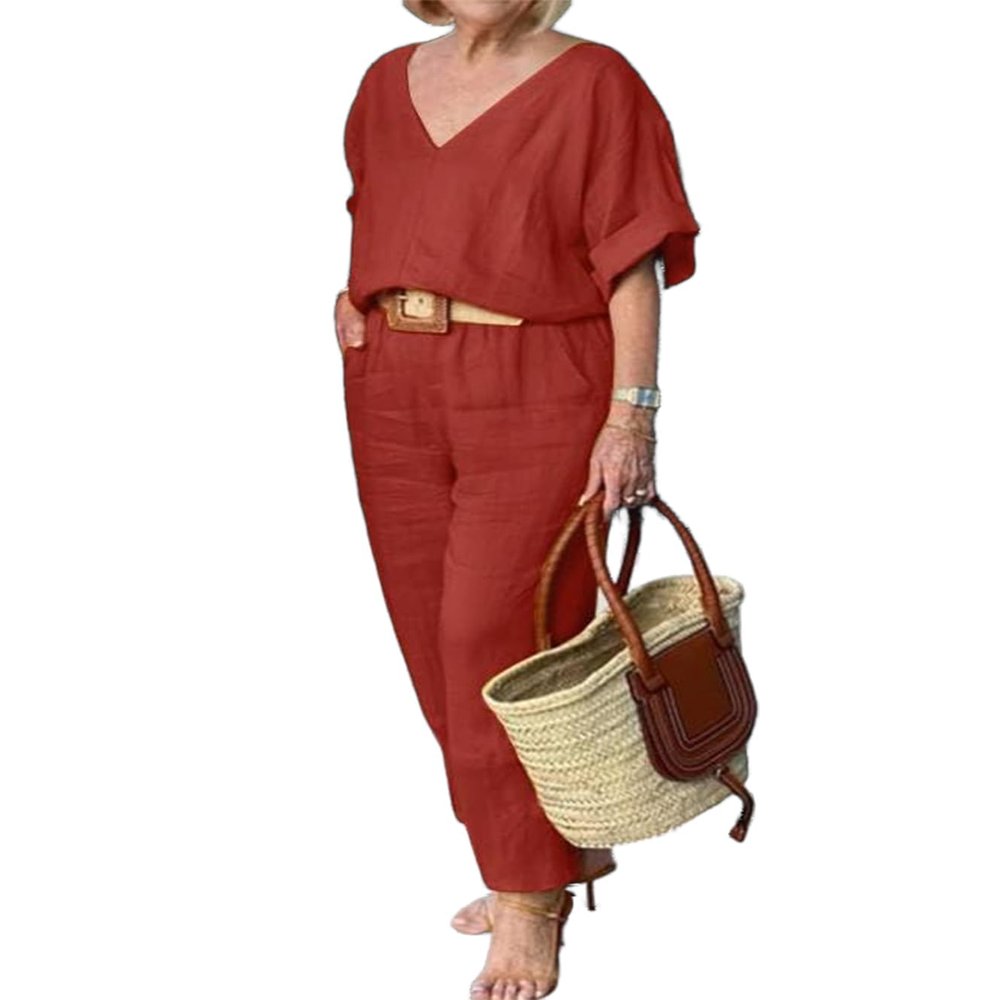 Linen Set for Women Two Piece Outfits Dressy Red Casual Palazzo Pants Sets