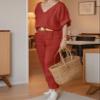 Linen Set for Women Two Piece Outfits Dressy Red Casual Palazzo Pants Sets view 3