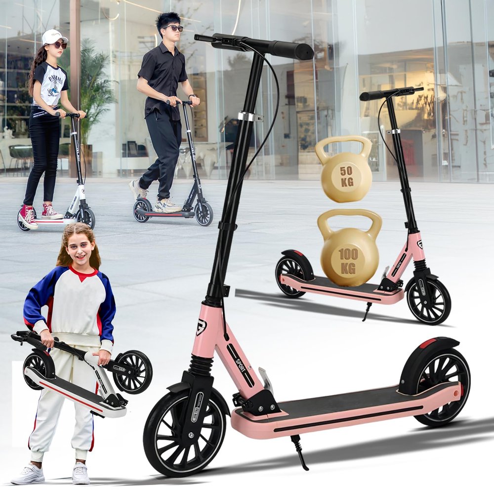 GLDDFDG Scooters for Boys and Girls 6 Years, 200MM Solid Tires Big Wheels for Kids Foldable and Height Adjustable, Scooter for Adults, with Double Braking System, Kick Scooter for Kids Ages 6+,Pink