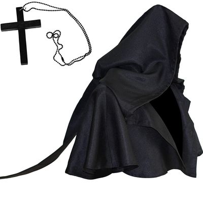Halloween Grim Cowl Cloak with Cross Necklace Medieval Priest Monk Hood Cowl Hat Renaissance Pagan Robe Costume Black