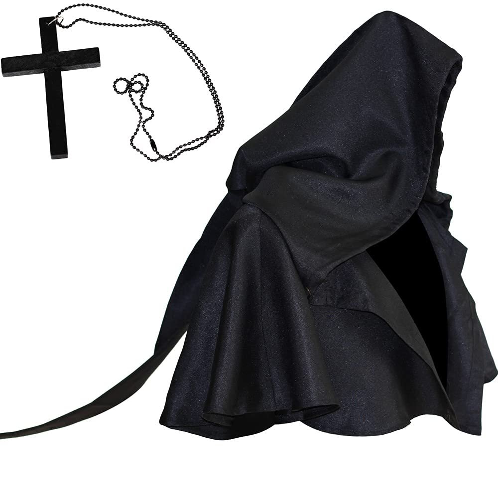 Halloween Grim Cowl Cloak with Cross Necklace Medieval Priest Monk Hood Cowl Hat Renaissance Pagan Robe Costume Black