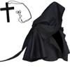 Halloween Grim Cowl Cloak with Cross Necklace Medieval Priest Monk Hood Cowl Hat Renaissance Pagan Robe Costume Black view 1