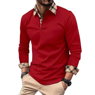 Fashion Mens Athletic Long Sleeve Polo Shirts Business Regular Fit Golf Shirts Plaid Collared Tops with Button Red