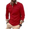 Fashion Mens Athletic Long Sleeve Polo Shirts Business Regular Fit Golf Shirts Plaid Collared Tops with Button Red view 1
