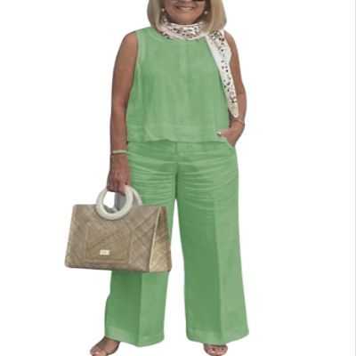 Linen Set for Women Two Piece Outfits Dressy Green Casual Palazzo Pants Sets