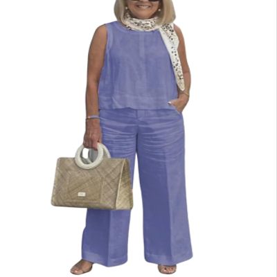 Linen Set for Women Two Piece Outfits Dressy Purple Casual Palazzo Pants Sets