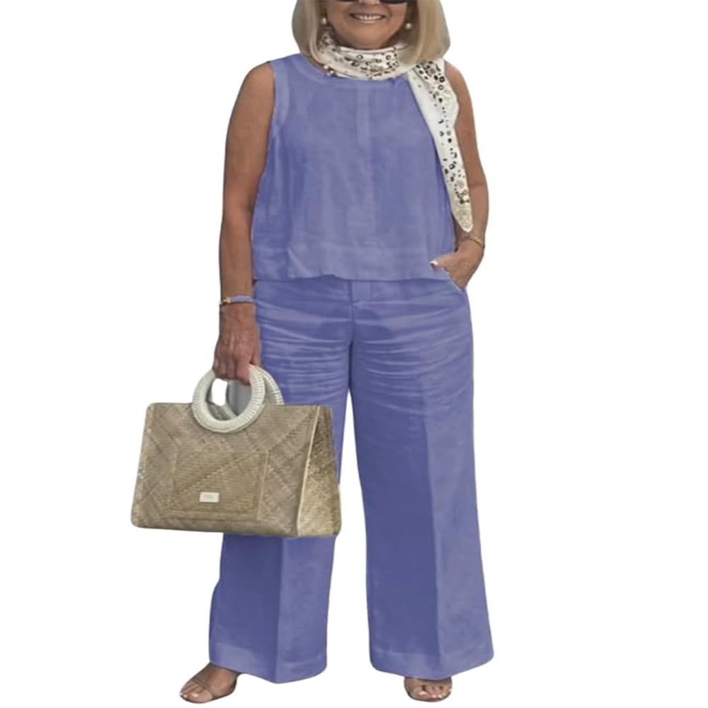 Linen Set for Women Two Piece Outfits Dressy Purple Casual Palazzo Pants Sets