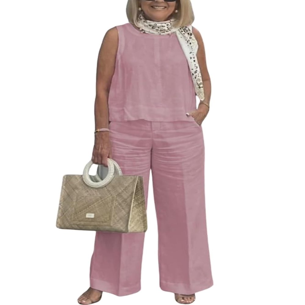 Linen Set for Women Two Piece Outfits Dressy Pink Casual Palazzo Pants Sets