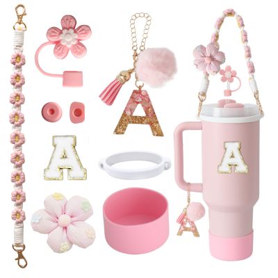 1ze1ziyo 9PCS Cup Accessories Set for Stanley Cup 30oz 40oz Tumbler - Including Water Bottle Handle Strap,Straw Cover Cap,Spill Proof Stoppers,Boot,Initials Letter Charm,Sticker,Flower,Letter A,Pink