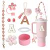 1ze1ziyo 9PCS Cup Accessories Set for Stanley Cup 30oz 40oz Tumbler - Including Water Bottle Handle Strap,Straw Cover Cap,Spill Proof Stoppers,Boot,Initials Letter Charm,Sticker,Flower,Letter A,Pink