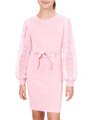 ALLIFly Girls Pink Dresses Size 13-14 Long Sleeve Spring Dress Vintage Mesh Sleeve Self Belted Dresses