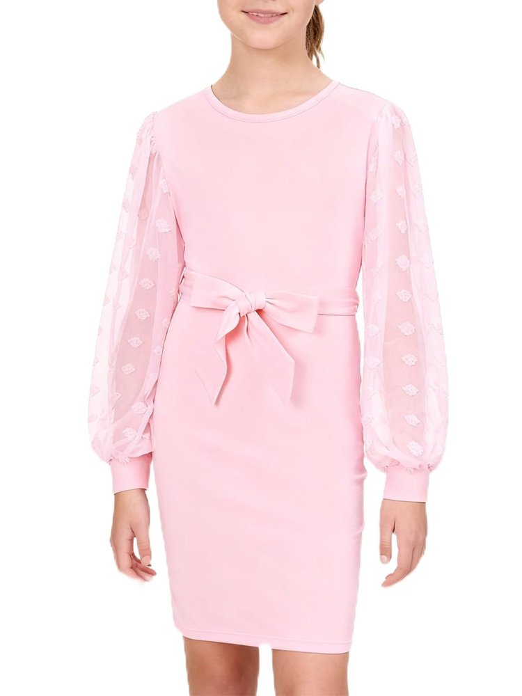 ALLIFly Girls Pink Dresses Size 13-14 Long Sleeve Spring Dress Vintage Mesh Sleeve Self Belted Dresses