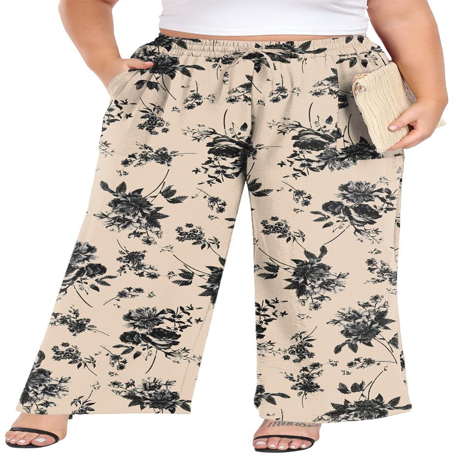 Lastshe Women's Casual Plus Size Pants High Waisted Lounge Pants Straight Long Beach Boho Palazzo Trousers with Pockets,Apricot Rose,1X