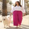 Lastshe Women's Casual Plus Size Pants High Waisted Lounge Pants Straight Long Beach Boho Palazzo Trousers with Pockets,Apricot Rose,1X view 3