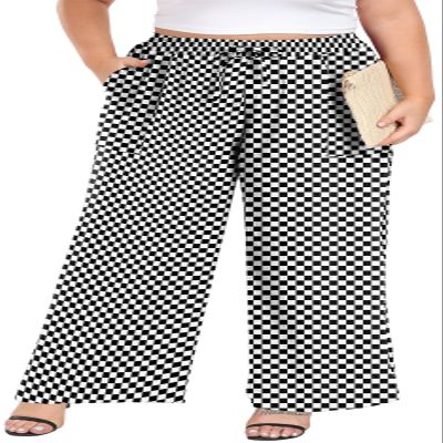 Lastshe Women's Plus Size Wide Leg Pants with Pockets High Waist Trousers for All Occasions,Black W Plaid,1X